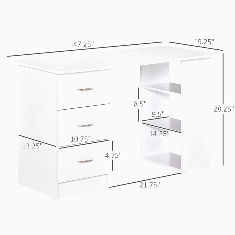 47" Modern Home Office Computer Desk Bookcase Combo Writing Table Workstation With 3 Drawer And Storage Shelf - White