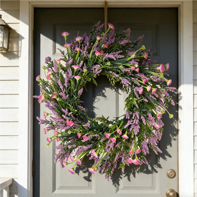 Porte de couronne de lavande rose de 20 pouces, décoration intérieure et extérieure de couronne de lavande printemps été, maison rose de campagne et campagne