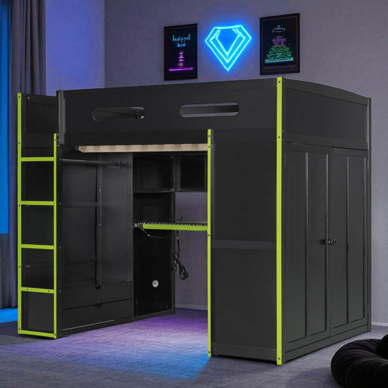 Full Size Loft Bed With Built-In Desk And Storage, Black/Green