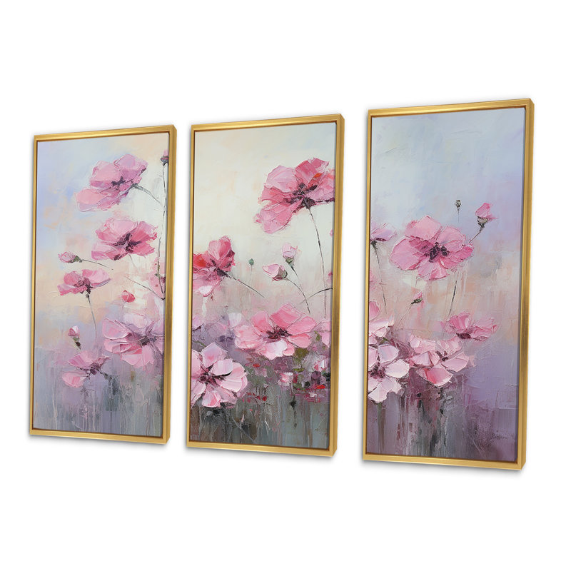Ensemble de salon art floral géraniums roses, Cadre flottant doré, H 40 po x l 60 po x P 1 po