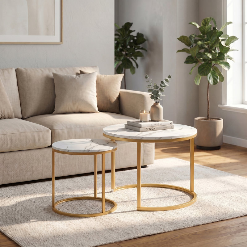 Hadee Round Nesting Coffee Table, White, Gold