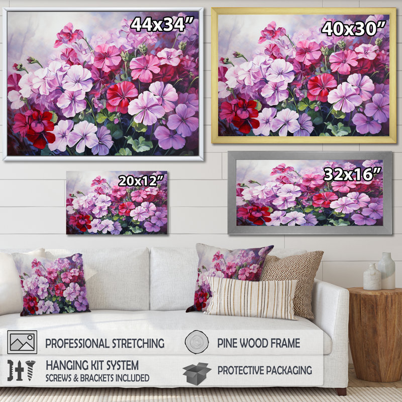 Nature morte aux géraniums roses, Cadre naturel flottant, H 16 po x l 32 po x P 1 po