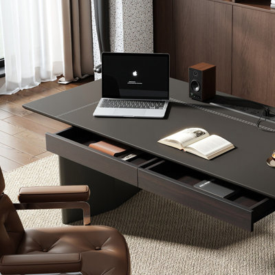 Black Rectangular Height-adjustable Barenia Leather with 2 Drawers Desk