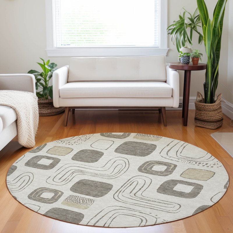 Tapis beige intérieur / extérieur lavable à la machine Claudian ACN1670, Rond 8 pi