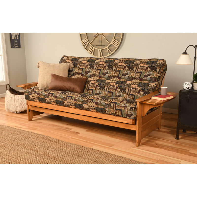 Johnte 82'' Wide Full Futon And Mattress, Butternut, Peter's Cabin Microsuede, Premium Pocket Coil