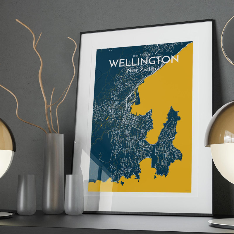 Wellington, carte de la ville, impression, H 36 po x l 24 po, Bleu / jaune