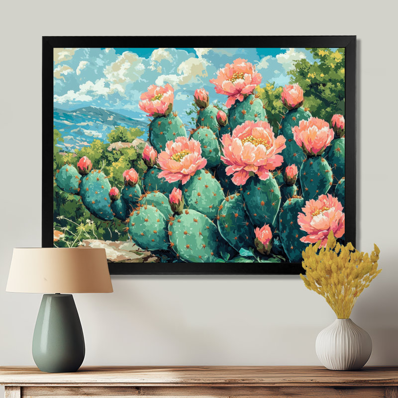 Cactus Garden In Bloom II - cactus, art mural, H 30 po x l 40 po, Cadre simple, Noir