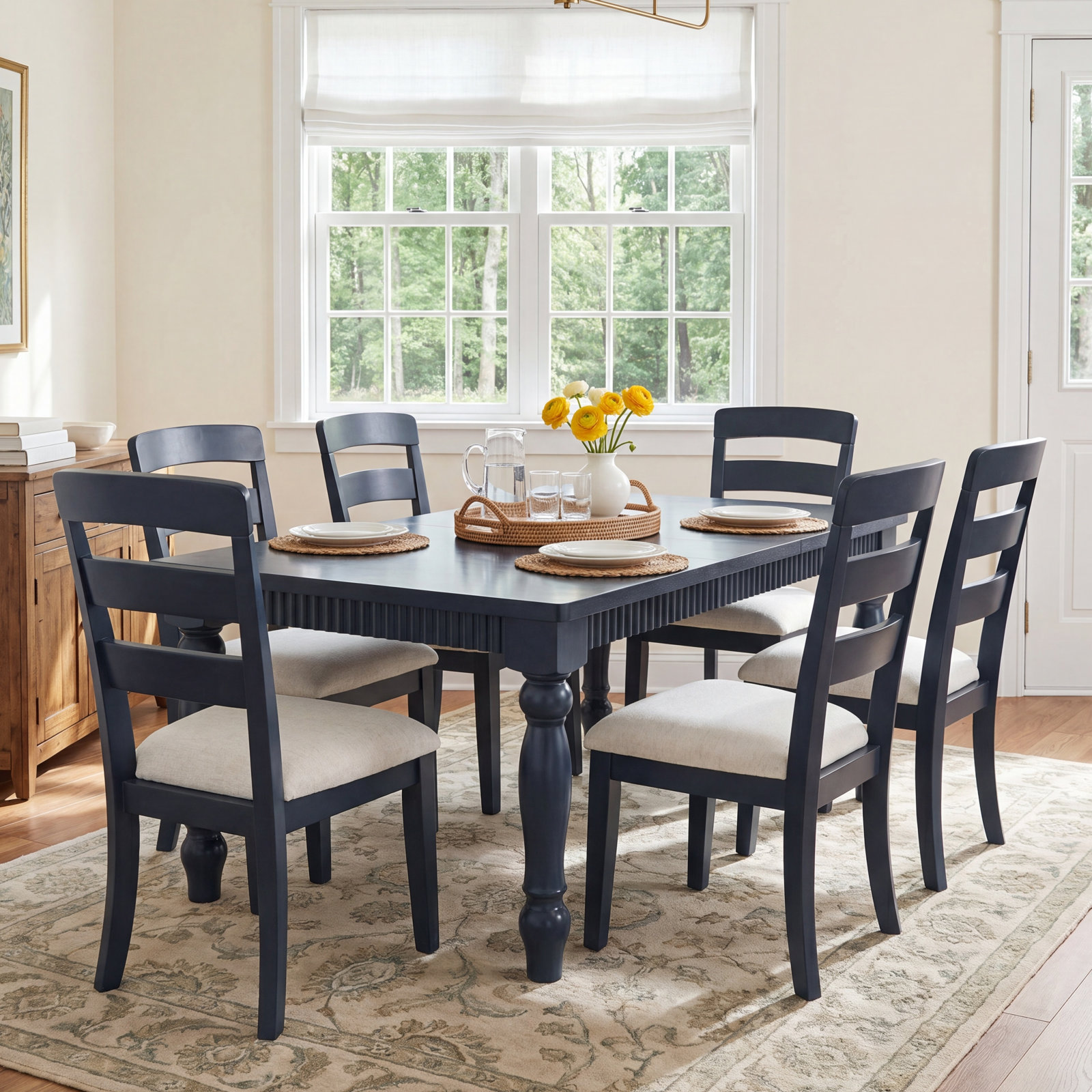 Alper Dining Table Set with Removable Leaf, 7 Pieces: Table, 6 Chairs, Navy