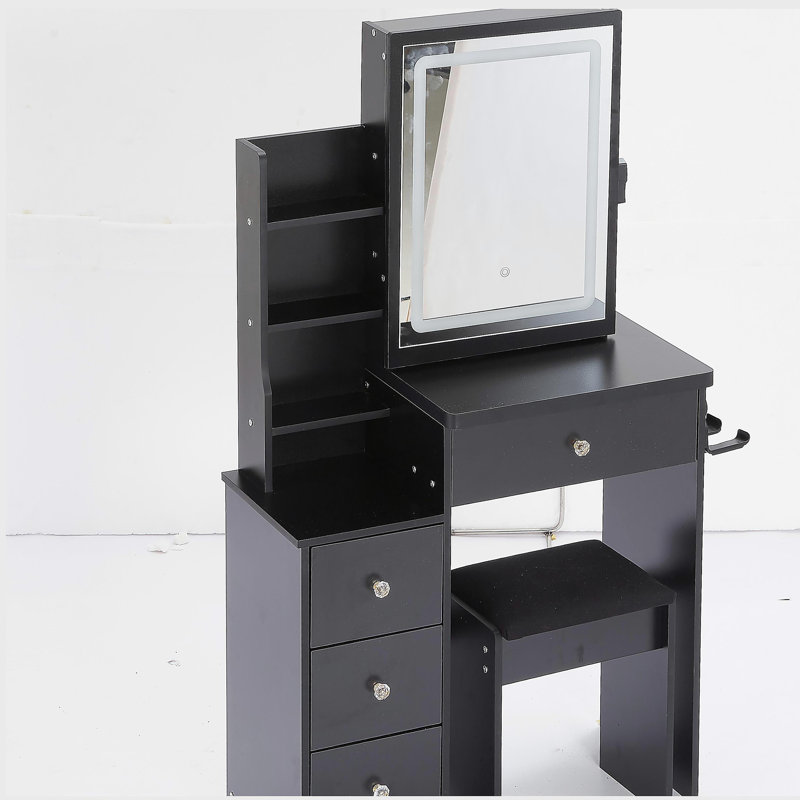 29.2" Small Size Left Bedside Cabinet Vanity Table + Cushioned Stool, 2 AC+2 USB Power Station, Hair dryer bracket, Extra Large Touch Control Sliding LED Mirror, Tri-color Switching, Brightness Adjust