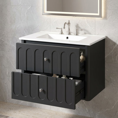 Ensemble de meuble-lavabo mural moderne flottant 30 po avec lavabo en céramique lustré, tiroir en U à fermeture en douceur, bords arrondis de sécurité et boutons ovales