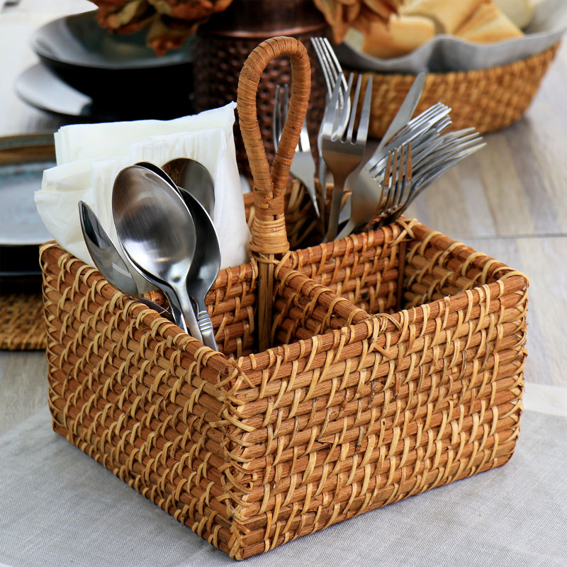 Brown Rattan Woven 4-Section Flatware Caddy with Handle
