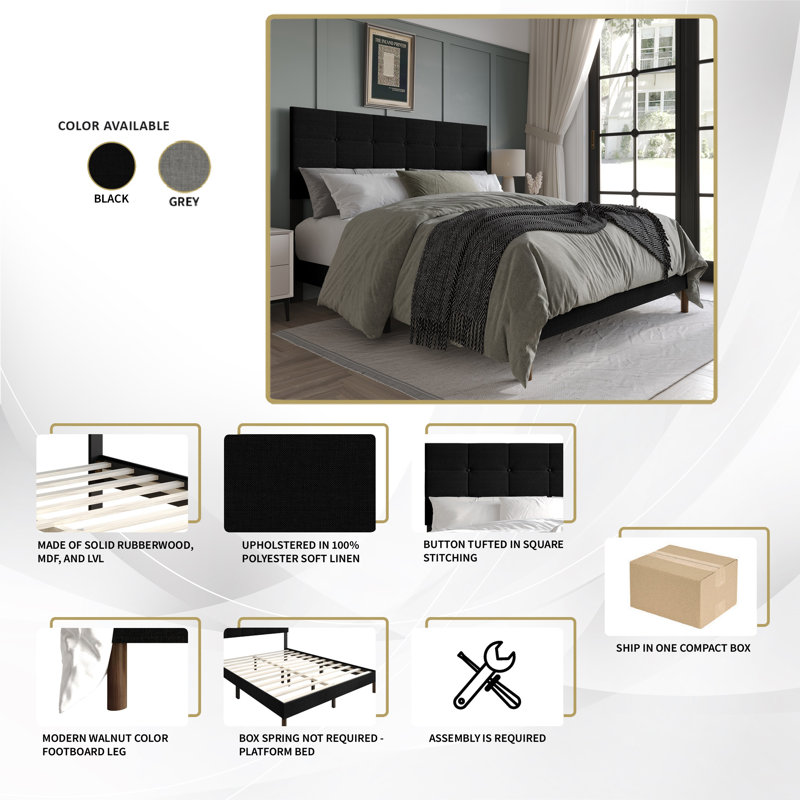 Linen Platform Bed , Light Gray, Full