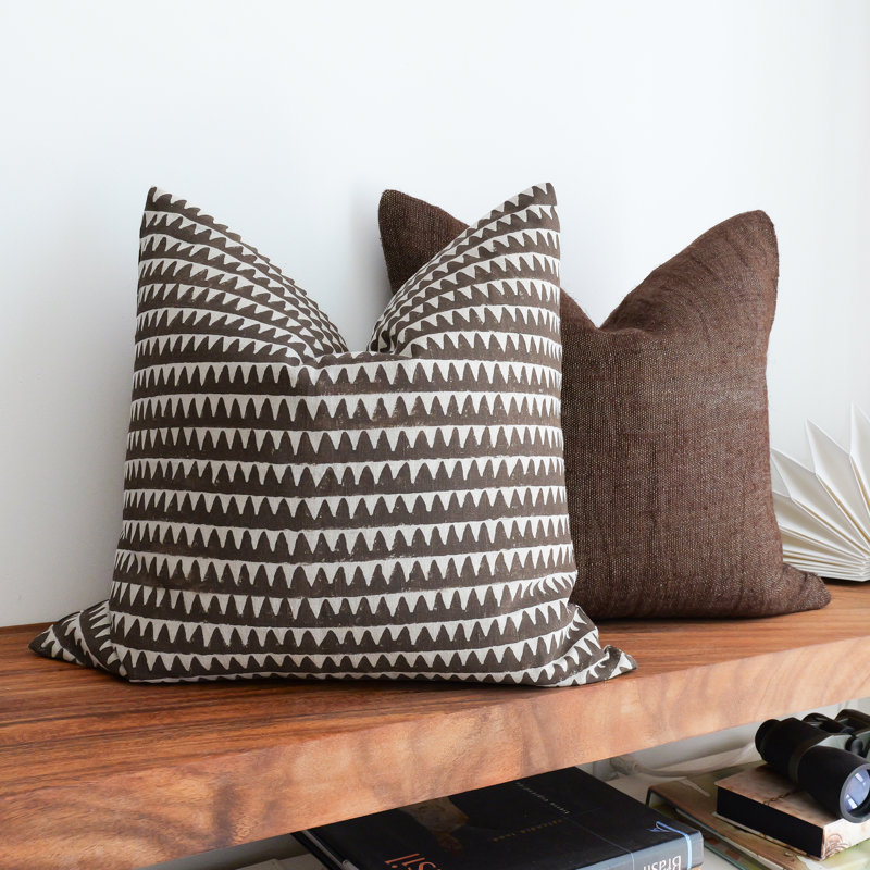 2-Piece Brown Block Print & Woven Cotton-Linen Decorative Pillow Cover Set
