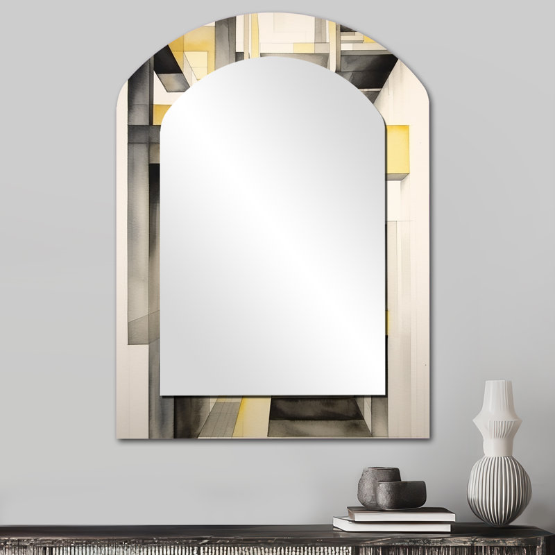 Jaune et gris Réalités croisées II - miroir décoratif en forme d'arche abstraite, miroir mural asymétrique jaune, impression sur métal
