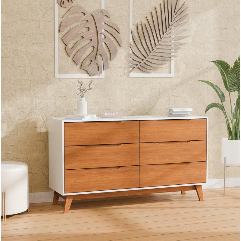 Commode 6 tiroirs Rio avec poignées intégrées et base en bois, Blanc / Brun