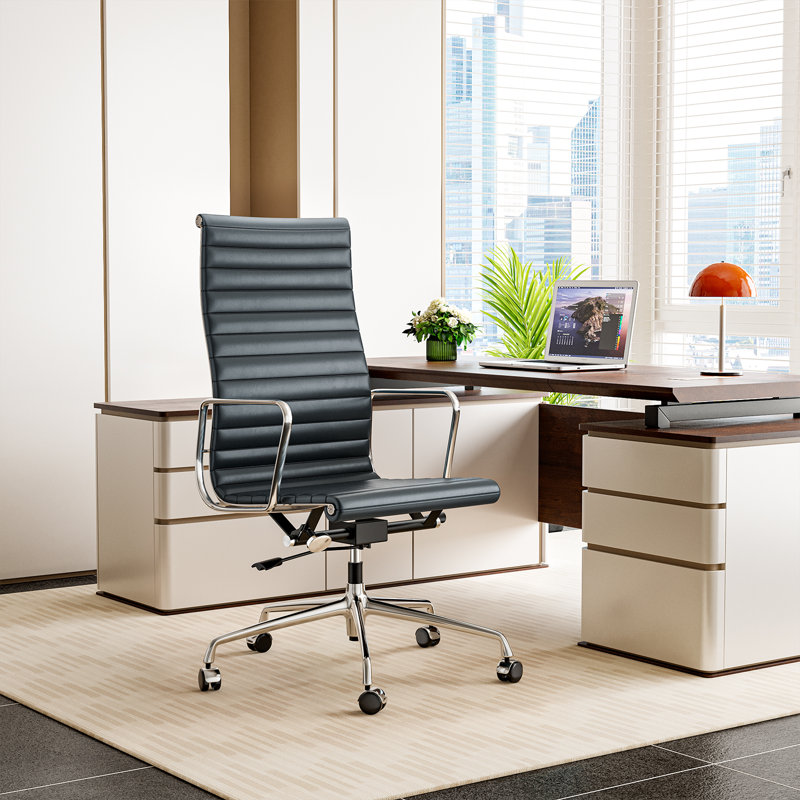 Fauteuil de bureau en cuir véritable, dossier mi-haut ou haut, avec accoudoirs et structure en aluminium, High Back, Blue