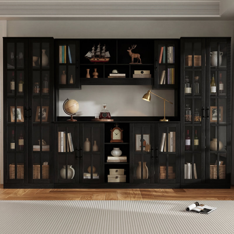 Bibliothèque 71 po x l 106 po, portes en verre, tablettes réglables, bibliothèque modulaire, Noir