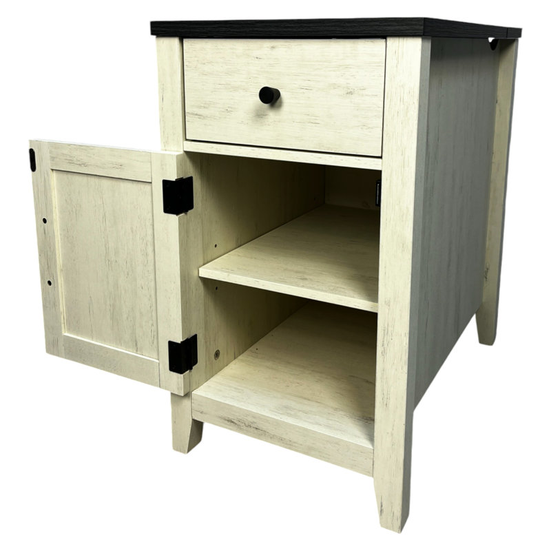 Armoire de chevet avec station de charge. Moderne et fonctionnel pour la chambre à coucher salon blanc + ports de table d'appoint noirs. Pratique et chic