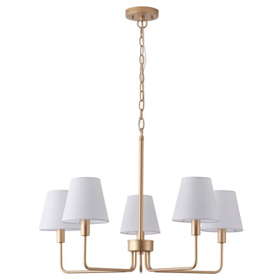 Luminaire de salle à manger moderne à 5 lumières de style lustre campagnard doré avec abat-jour en tissu blanc