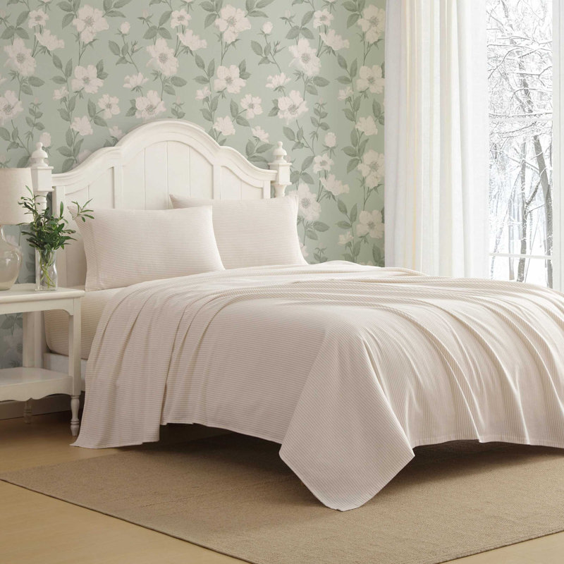 Brushed Cotton Flannel Sheet Set, Full Sheet Set with 2 Pillowcases, Oxfordshire Stripe Beige