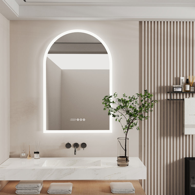 Miroir de salle de bain biseauté rétroéclairé à DEL avec lumières, affichage de la date et de l'heure, antibuée, à intensité variable, fonction mémoire, IP56 incassable