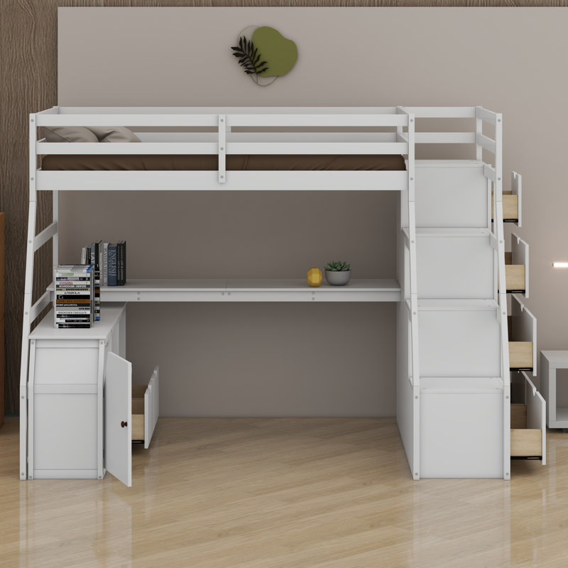 Lit mezzanine avec tiroirs, tablettes et bureau, Blanc