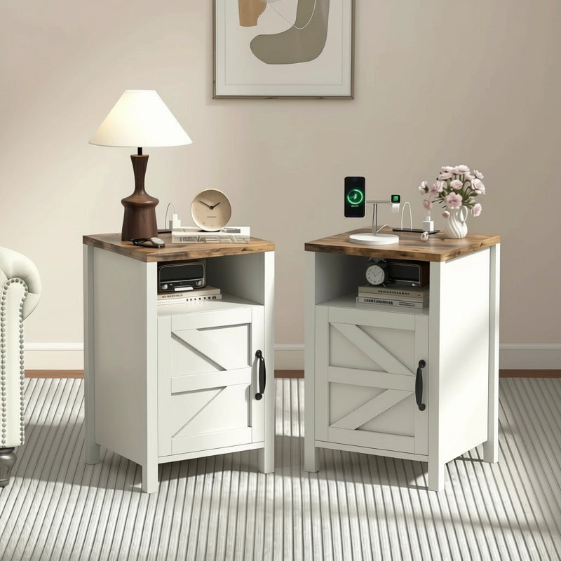 Auriemma End Table with Charging Station, White, Design B, Brown