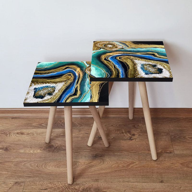 Elegant Marble Nesting Table Set (2 Pieces), Abstract Design, 13.8 x 18.5 x 13.8 inches & 13.8 x 16.5 x 13.8 inches | 100% MDF with Beech Wood Legs, Sturdy & Stylish for Living Room, Modern Home Décor