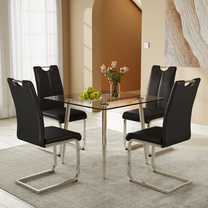 5-Piece 36 Inch Square Dining Table Set, Tempered Glass Top Table With 4 Upholstered Leather Dining Chairs, Modern Kitchen Dining Set For Small Space, Dining Room & Breakfast Nook