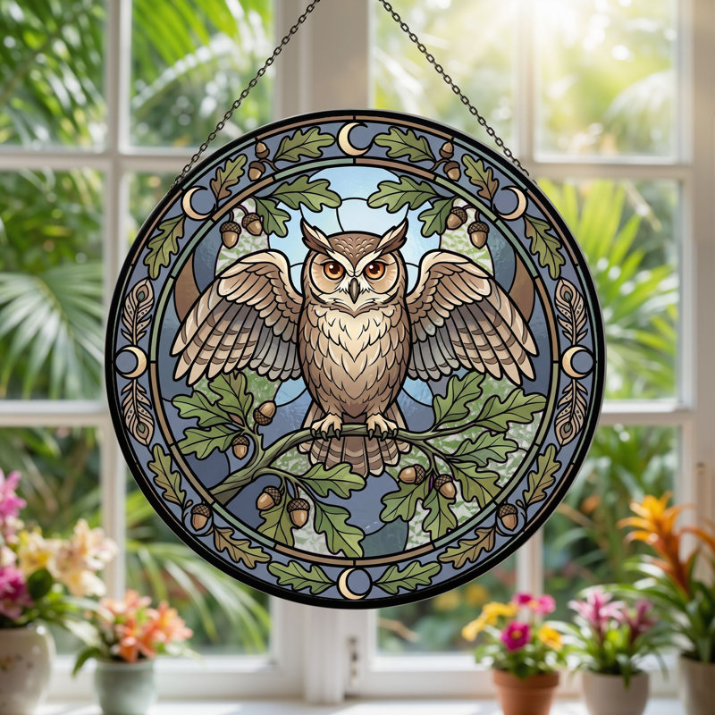 Panneau de vitrail de hibou teinté ， 7,8 H, H 7,8 po
