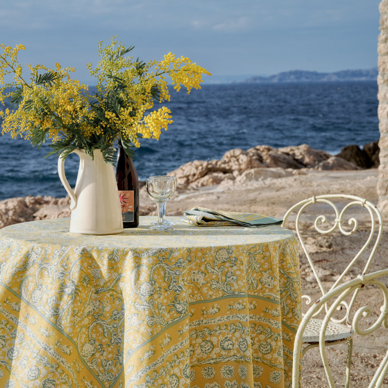 La Mer Handmade Floral Tablecloth, 90" Square, Yellow/Teal