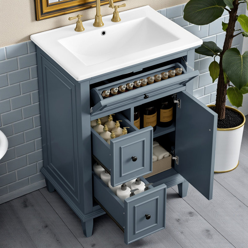 Ensemble de meuble-lavabo simple 24 "avec plateau en céramique, Noir, Bleu gris