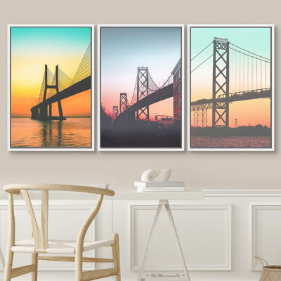 " Neon Pastel San Francisco Golden Gate Bridge Coastal Nautical Photography Modern Art Seascape Relax " 3 - Pieces