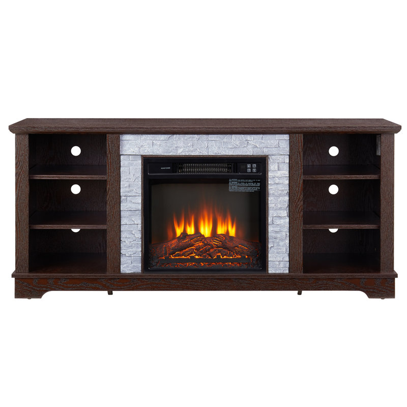 Meuble télé avec foyer Mantel, avec console de divertissement moderne et espace de rangement ouvert avec foyer 18 po, gris, l 58,31 po x P 15,39 po x H 26,06 po