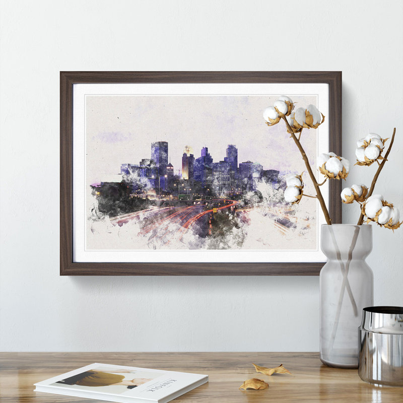 Minneapolis Skyline at Dusk Watercolour - Picture Frame Graphic Art Print, 24cm H x 33cm W x 2cm D, Walnut Framed