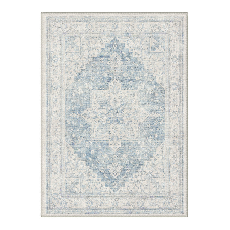 Tapis oriental ivoire / bleu lavable à la machine avec envers antidérapant, Rectangulaire 8 pi x 10 pi