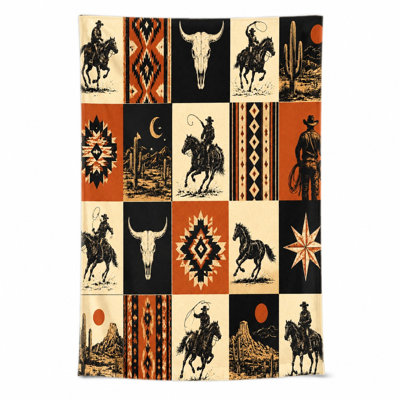 1Pcs Western Cowboy Beach Towel, featuring Native American patterns, horses, cowboys, bull skulls, cacti, and desert landscapes. Soft absorbent microfiber, perfect for, pool, travel, unisex.
