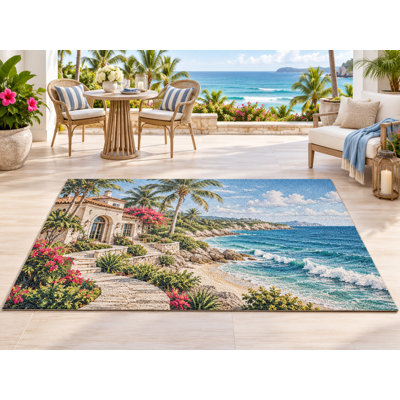 5' x 7' Outdoor Area Rug Tropical Seaside Villa Heavyweight Solid Waterproof PVC Coil Loop Carpet, Heavy Duty Patio Rug, Quick Dry Indoor Outdoor Mat for Entryway