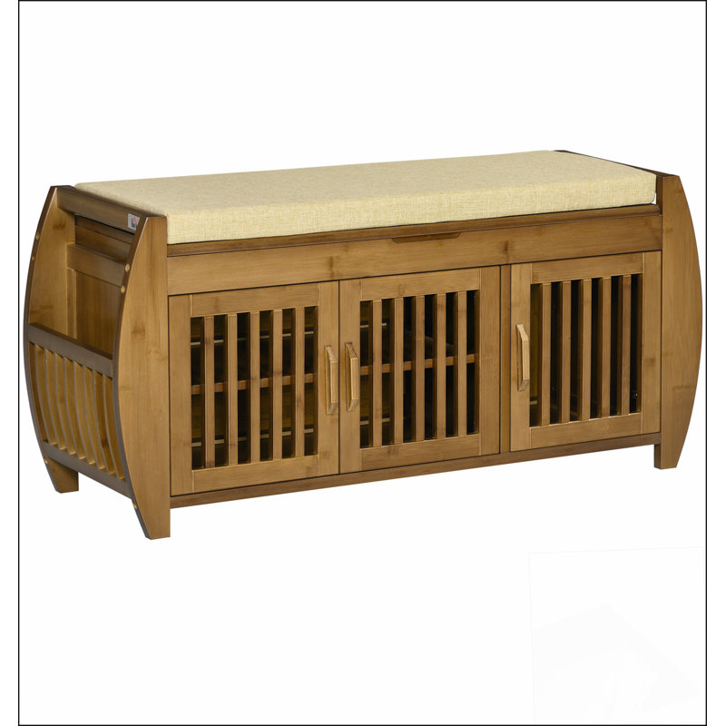 Banc à chaussures avec armoires de rangement, banc d'entrée en bambou avec coussin de siège, 3 portes, support latéral