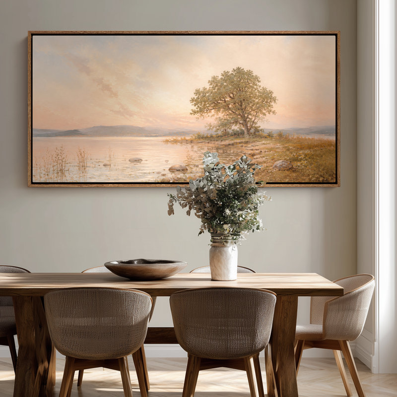 Très grand paysage au bord du lac paisible avec arbre en fleurs, eau sereine, doux lever de soleil, montagnes et art mural