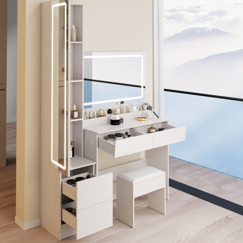 Très grande coiffeuse à DEL avec miroirs doubles à 3 couleurs réglables et réglables en luminosité, rangement multicouche + tabouret rembourré pour armoire pleine grandeur, style américain, matériau blanc
