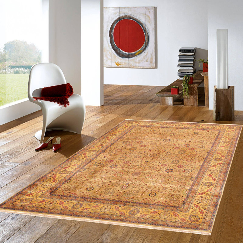 Tabriz Oriental Hand-Knotted Wool/Silk Beige/Rust/Navy Area Rug, Rectangle 7'11" x 10'