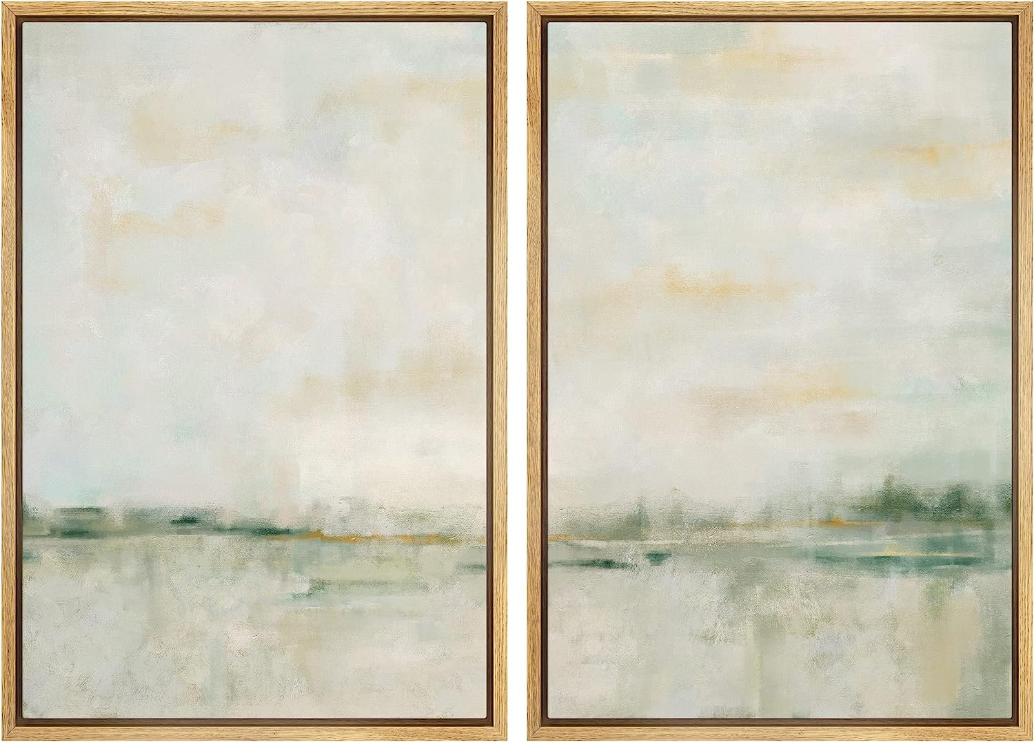 Pastel Green Abstract Lake Landscape Neutral Framed Canvas Wall Art