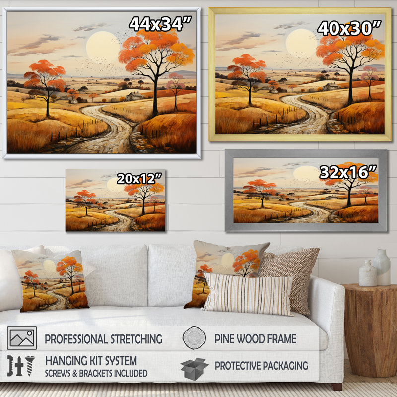 «Orange Farm Autumn Landscape III», reproduction sur toile, H 34 po x l 44 po x P 1,5 po, Cadre photo gris