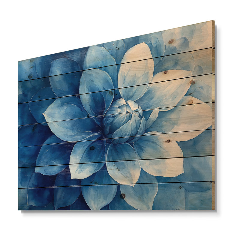 White On Velvet Blue Dahlia Bloom II - Dahlia Wood Wall Decor - On Natural Pine Wood, 24" H x 32" W x 0.78" D