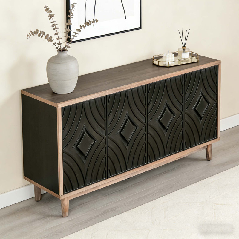 Buffet avec 4 portes en losange à motif convexe, Noir antique