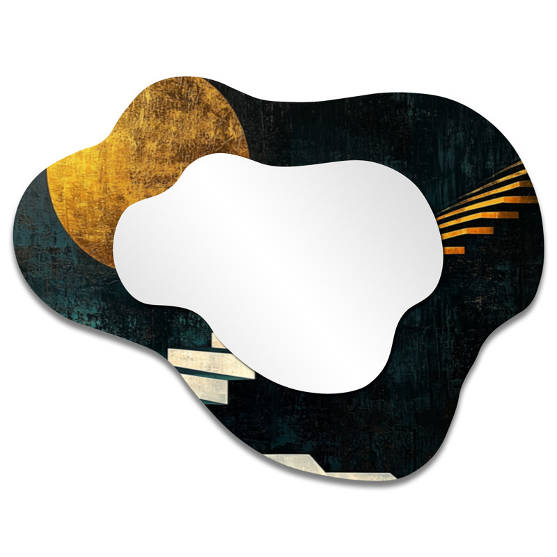 Gold And Black Moon Boundless Reverie I - Geometric Asymmetrical Wall Mirror, Modern Vanity Mirror, Printed on Metal
