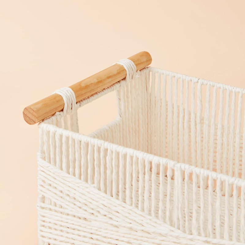 Wicker Storage Baskets For Organizing, Recyclable Paper Rope Basket With Wood Handles, Decorative Hand Woven Basket Organizers For Makeup Books Shelves Living Room, Set Of 2