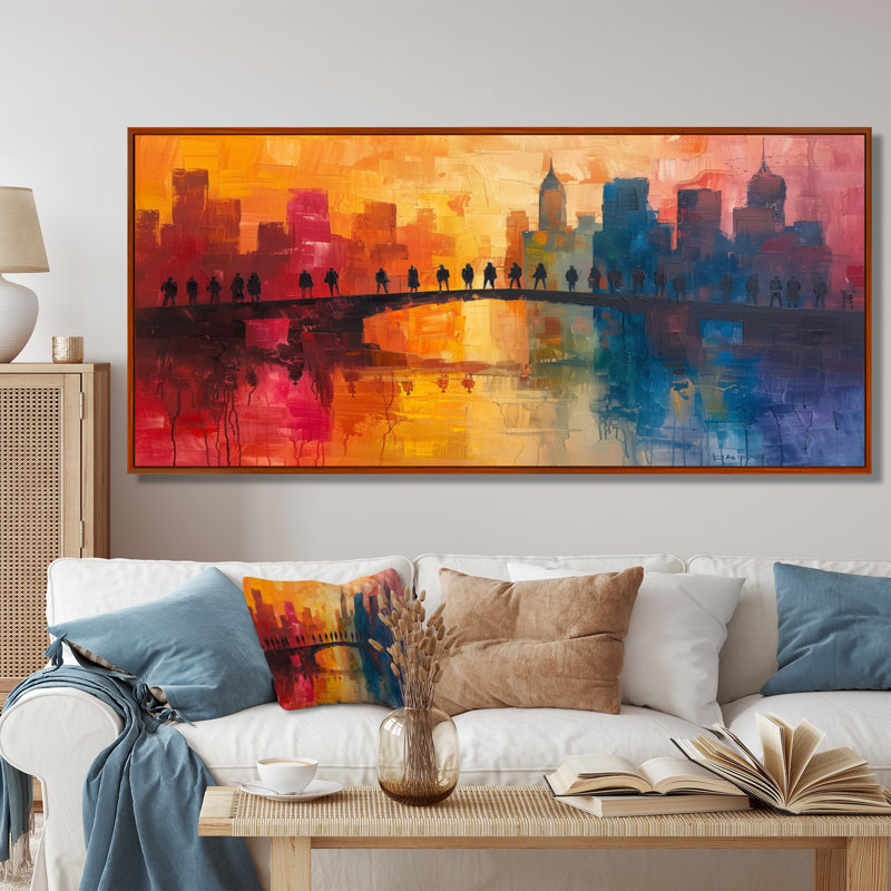 «Red Blue City City Skyscrapers - Bridges», reproduction d'art murale, Toile avec cadre flottant brun