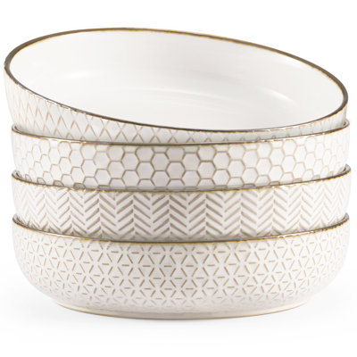 kook Ceramic Pasta Bowls, 40 oz, Set of 4, Cream/Copper, Narbonne Collection